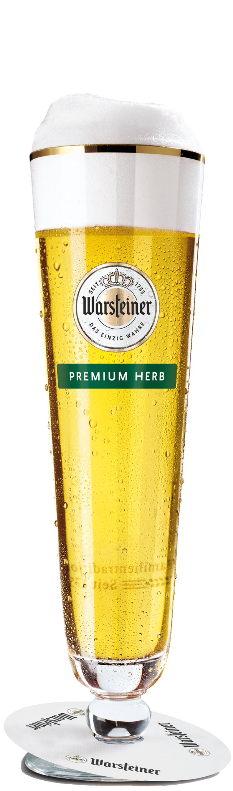 Bicchiere tulpe birra tedesca Warsteiner Herb con schiuma e salvagoccia